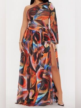 Fashion Nova One-Shoulder Multicolor Abstract Maxi Dress